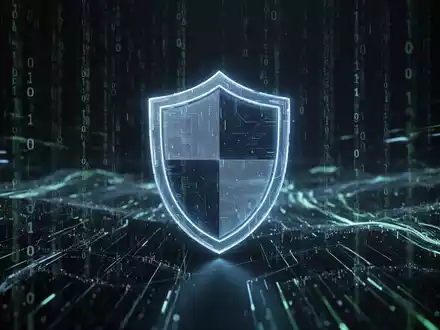 Ein stilisiertes, leuchtendes Schildsymbol über einer digitalen Landschaft aus Binärcode und Datenströmen, das Cybersicherheit darstellt. - Foto: über boerse-global.de
