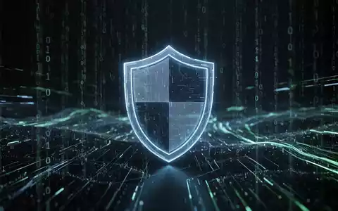 Ein stilisiertes, leuchtendes Schildsymbol über einer digitalen Landschaft aus Binärcode und Datenströmen, das Cybersicherheit darstellt. - Foto: über boerse-global.de