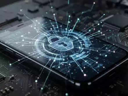 Nahaufnahme eines Smartphones mit einer digitalen Sicherheits-Benutzeroberfläche, die komplexe Daten und leuchtende Linien anzeigt, mit unscharfen Schaltkreisen im Hintergrund. - Foto: über boerse-global.de