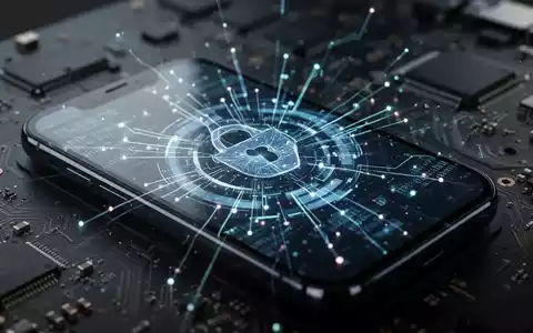 Nahaufnahme eines Smartphones mit einer digitalen Sicherheits-Benutzeroberfläche, die komplexe Daten und leuchtende Linien anzeigt, mit unscharfen Schaltkreisen im Hintergrund. - Foto: über boerse-global.de