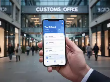 Eine Hand hält ein Smartphone mit einer digitalen Steuerrückerstattungs-App, im Hintergrund eine Einkaufsstraße und ein Zollamt. - Foto: über boerse-global.de