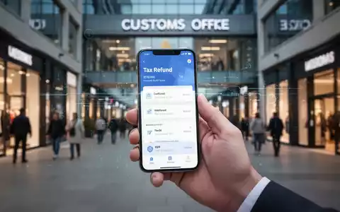 Eine Hand hält ein Smartphone mit einer digitalen Steuerrückerstattungs-App, im Hintergrund eine Einkaufsstraße und ein Zollamt. - Foto: über boerse-global.de