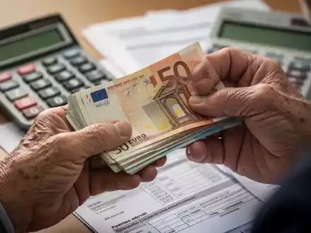 Nahaufnahme der Hände einer älteren Person, die Euro-Banknoten hält, mit einem Taschenrechner und Rentenunterlagen im Hintergrund. - Foto: über boerse-global.de