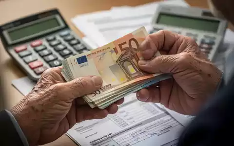 Nahaufnahme der Hände einer älteren Person, die Euro-Banknoten hält, mit einem Taschenrechner und Rentenunterlagen im Hintergrund. - Foto: über boerse-global.de