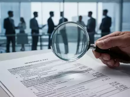 Eine Hand hält eine Lupe über ein Dokument mit Zahlen und Texten, die Abfindungsregelungen betreffen, in einem Büro. - Foto: über boerse-global.de