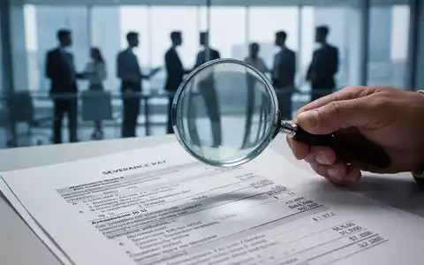 Eine Hand hält eine Lupe über ein Dokument mit Zahlen und Texten, die Abfindungsregelungen betreffen, in einem Büro. - Foto: über boerse-global.de