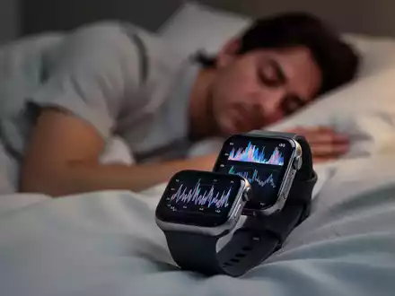 Eine Smartwatch am Handgelenk zeigt abstrakte Schlafdaten auf dem Display, mit einer unscharfen Person im Bett im Hintergrund. - Foto: über boerse-global.de