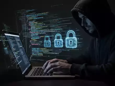 A person in a hoodie typing on a laptop, with lines of code and digital locks projected onto the screen, symbolizing a data breach. - Foto: über boerse-global.de