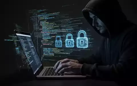 A person in a hoodie typing on a laptop, with lines of code and digital locks projected onto the screen, symbolizing a data breach. - Foto: über boerse-global.de