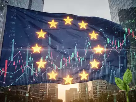 Eine stilisierte, leuchtende EU-Flagge überlagert mit abstrakten Finanzgrafiken und digitalen Datenströmen, die neue Steuerideen und Budgetfinanzierung symbolisieren. - Foto: über boerse-global.de