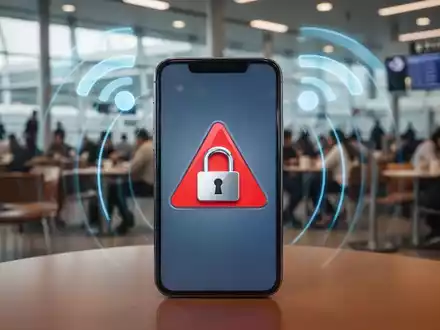 Ein Smartphone-Bildschirm mit einem Warnsymbol und einem Vorhängeschloss vor dem verschwommenen Hintergrund eines öffentlichen Raumes. - Foto: über boerse-global.de