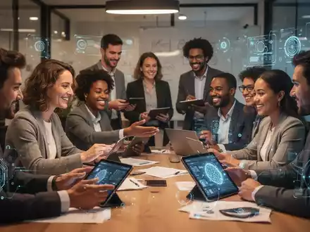 Neue Mitarbeiter nehmen an einem modernen Onboarding-Prozess teil, der digitale Tools und KI integriert, in einem kollaborativen Umfeld. - Foto: über boerse-global.de