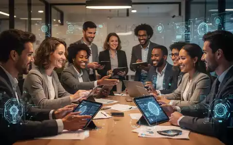 Neue Mitarbeiter nehmen an einem modernen Onboarding-Prozess teil, der digitale Tools und KI integriert, in einem kollaborativen Umfeld. - Foto: über boerse-global.de