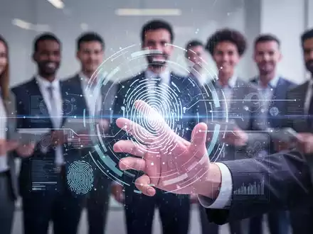 Eine Hand greift nach einer digitalen Benutzeroberfläche, die KI und HR-Diskriminierung symbolisiert, mit verschwommenen Personen im Hintergrund. - Foto: über boerse-global.de