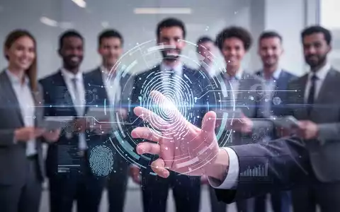 Eine Hand greift nach einer digitalen Benutzeroberfläche, die KI und HR-Diskriminierung symbolisiert, mit verschwommenen Personen im Hintergrund. - Foto: über boerse-global.de