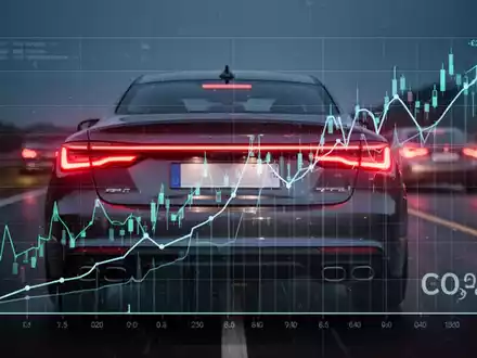Rückansicht moderner Autoscheinwerfer auf dunkler Straße mit digitalen Diagrammen, die steigende Emissionen und Strafzahlungen zeigen. - Foto: über boerse-global.de