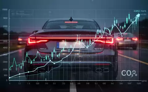 Rückansicht moderner Autoscheinwerfer auf dunkler Straße mit digitalen Diagrammen, die steigende Emissionen und Strafzahlungen zeigen. - Foto: über boerse-global.de