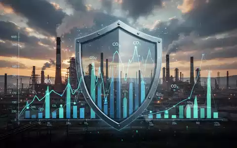 Industrielandschaft mit Stahlwerken und Fabriken unter dramatischem Himmel, überlagert mit stilisierten CO2-Emissionsdaten und einem Schutzschild. - Foto: über boerse-global.de