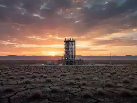 Wüstenlandschaft in Wyoming bei Sonnenuntergang mit einer Kohlenstoffabscheidungsanlage, die sich gegen den Himmel abzeichnet. - Foto: über boerse-global.de