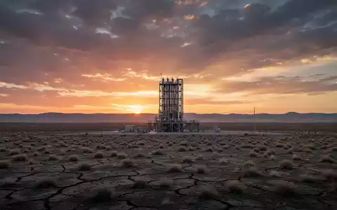 Wüstenlandschaft in Wyoming bei Sonnenuntergang mit einer Kohlenstoffabscheidungsanlage, die sich gegen den Himmel abzeichnet. - Foto: über boerse-global.de