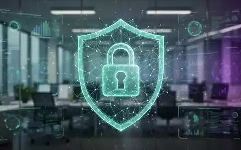 Ein stilisiertes digitales Schloss- oder Schildsymbol, überlagert mit einem neuronalen Netzmuster, vor einem verschwommenen, futuristischen Büro. - Foto: über boerse-global.de