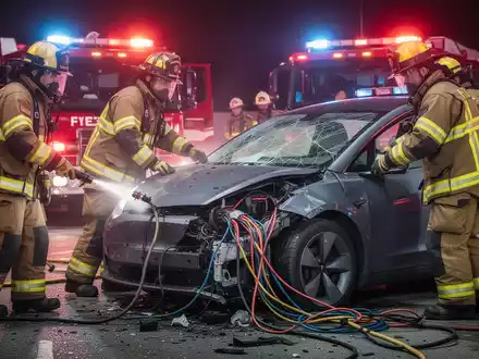 Feuerwehrleute trainieren an einem verunfallten Elektrofahrzeug, Scheinwerfer beleuchten die Szene. Fokus auf Hochvolttechnik. - Foto: über boerse-global.de