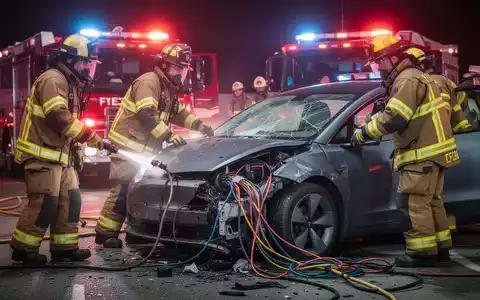 Feuerwehrleute trainieren an einem verunfallten Elektrofahrzeug, Scheinwerfer beleuchten die Szene. Fokus auf Hochvolttechnik. - Foto: über boerse-global.de