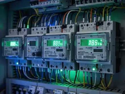Nahaufnahme von modernen Stromzählern und Wandlern in einem Schaltkasten, mit digitaler Anzeige und Verkabelung. - Foto: über boerse-global.de