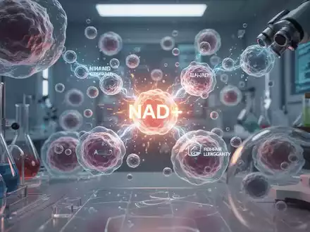 Nahaufnahme von NAD+-Molekülen, die mit menschlichen Zellen interagieren, umgeben von wissenschaftlichen Instrumenten in einem Labor. - Foto: über boerse-global.de