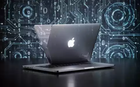 A solitary silver Intel MacBook Pro laptop on a dark surface, with a blurred, abstract digital interface in the background. - Foto: über boerse-global.de