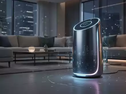 A sleek, futuristic smart speaker with glowing AI accents sits on a modern surface in a well-lit living room. - Foto: über boerse-global.de
