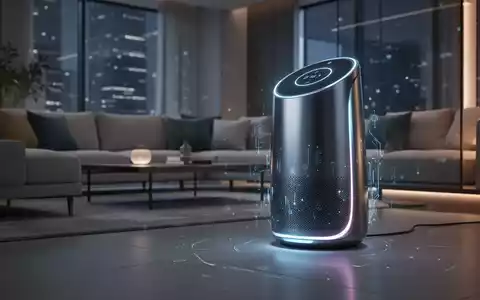 A sleek, futuristic smart speaker with glowing AI accents sits on a modern surface in a well-lit living room. - Foto: über boerse-global.de