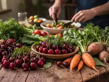 Nahaufnahme eines rustikalen Holztisches mit frischem, saisonalem Obst und Gemüse, Hände bereiten eine Mahlzeit zu. - Foto: über boerse-global.de