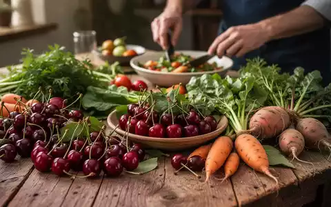 Nahaufnahme eines rustikalen Holztisches mit frischem, saisonalem Obst und Gemüse, Hände bereiten eine Mahlzeit zu. - Foto: über boerse-global.de