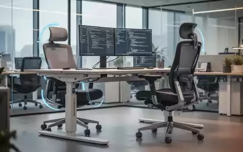 Ein ergonomischer Arbeitsplatz mit höhenverstellbarem Schreibtisch und modernem Bürostuhl in einem professionellen Büro. - Foto: über boerse-global.de