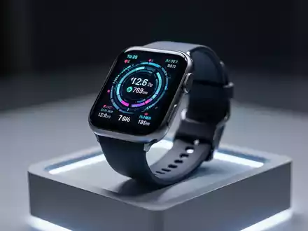A close-up of a futuristic smartwatch with a glowing screen displaying health data, set against a minimalist backdrop. - Foto: über boerse-global.de