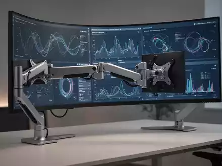 Ein moderner, ergonomischer Monitor-Tragarm hält einen großen, gebogenen Ultrawide-Monitor auf einem aufgeräumten Büroschreibtisch. - Foto: über boerse-global.de