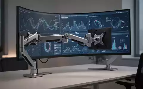 Ein moderner, ergonomischer Monitor-Tragarm hält einen großen, gebogenen Ultrawide-Monitor auf einem aufgeräumten Büroschreibtisch. - Foto: über boerse-global.de