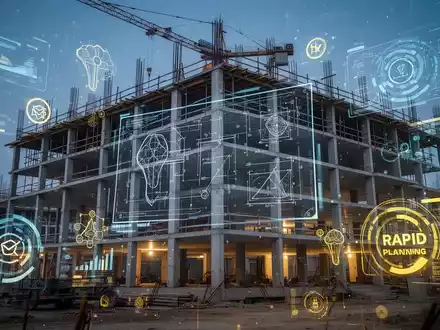 Eine moderne Baustelle mit digitalen Bauplänen und holografischen Datenelementen, die Effizienz und Innovation im Bauwesen darstellen. - Foto: über boerse-global.de