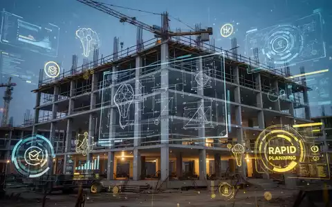 Eine moderne Baustelle mit digitalen Bauplänen und holografischen Datenelementen, die Effizienz und Innovation im Bauwesen darstellen. - Foto: über boerse-global.de