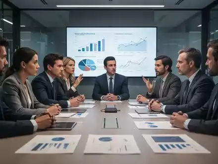 Eine Gruppe von Geschäftsleuten sitzt an einem Konferenztisch und diskutiert, mit einem Fokus auf Zusammenarbeit und strategische Planung. - Foto: über boerse-global.de