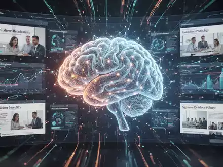A glowing, abstract AI brain integrated into a digital advertising platform, surrounded by data streams and publisher content icons, symbolizing AI for publishers. - Foto: über boerse-global.de