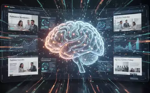 A glowing, abstract AI brain integrated into a digital advertising platform, surrounded by data streams and publisher content icons, symbolizing AI for publishers. - Foto: über boerse-global.de