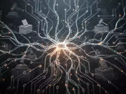 An abstract depiction of AI regulation, showing glowing neural network lines intersected by subtle governmental symbols, with dramatic lighting. - Foto: über boerse-global.de