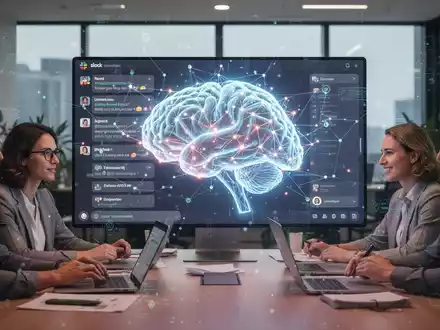 A stylized AI network integrated into a digital communication platform, with a blurred background of a collaborative office environment. - Foto: über boerse-global.de