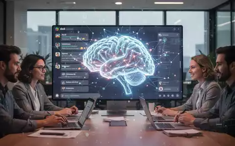 A stylized AI network integrated into a digital communication platform, with a blurred background of a collaborative office environment. - Foto: über boerse-global.de