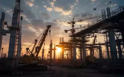 Eine Baustelle in der Dämmerung mit großen Maschinen und Kränen, die vor einem dramatischen Himmel stehen. - Foto: über boerse-global.de