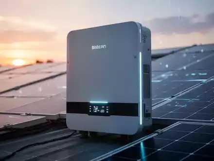 Ein moderner Solarinverter von Huawei mit leuchtenden Anzeigen vor unscharfen Solarmodulen auf einem Dach bei Sonnenuntergang. - Foto: über boerse-global.de