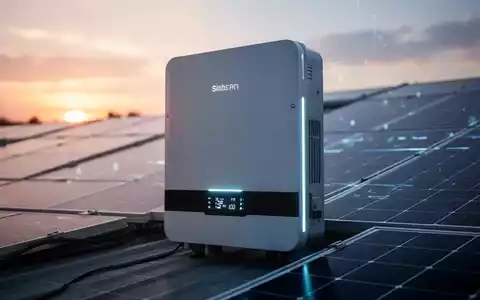 Ein moderner Solarinverter von Huawei mit leuchtenden Anzeigen vor unscharfen Solarmodulen auf einem Dach bei Sonnenuntergang. - Foto: über boerse-global.de