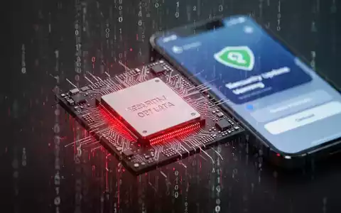 Ein Mikrochip leuchtet rot, um eine Sicherheitslücke darzustellen, umgeben von digitalen Datenströmen und einem unscharfen Smartphone. - Foto: über boerse-global.de